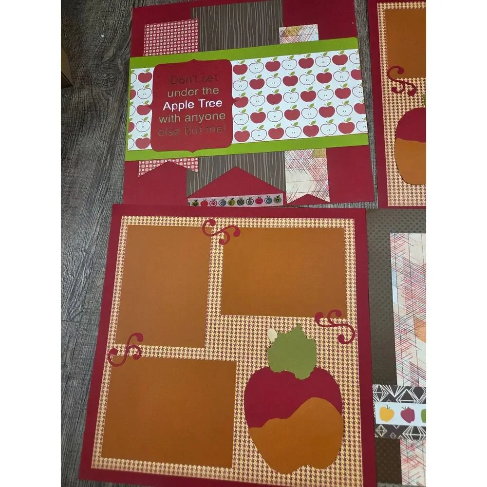 Scrapbooking Pre-Made Pages Just Add Pictures Apples Brown Red Green Set of 6